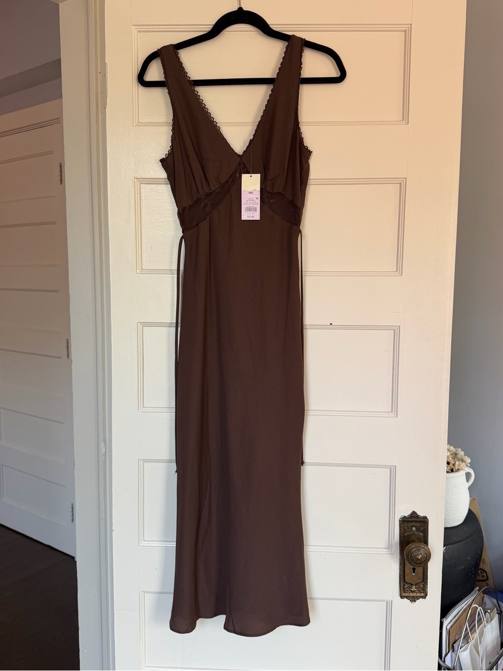 New Brown lace maxi dress with lace trim and tie waist